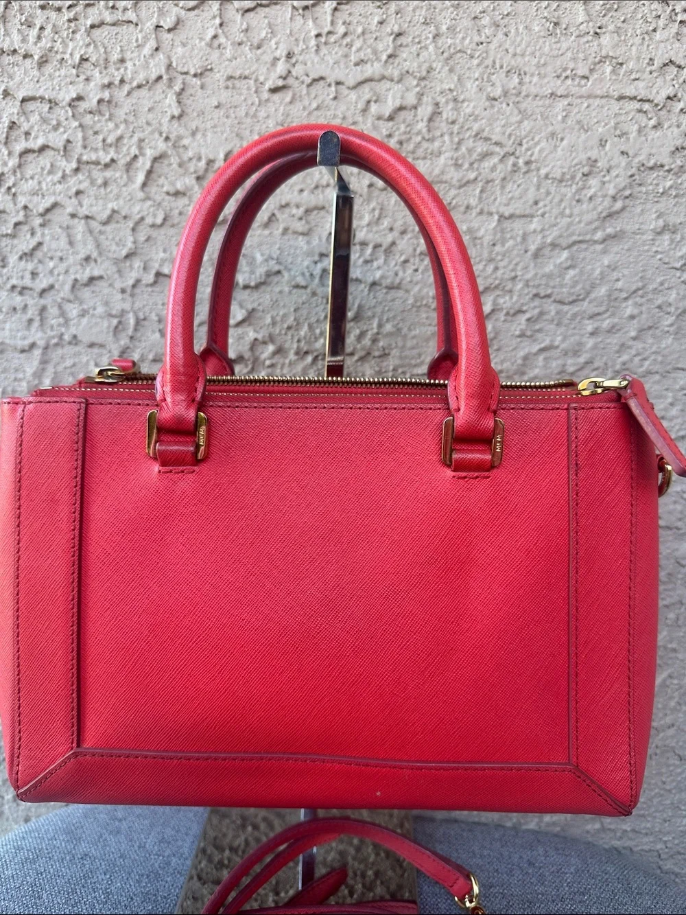 MCM Red Saffiano Leather Satchel Bag with Removable Strap